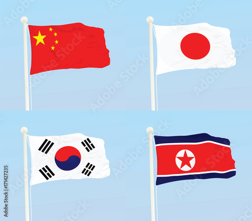 China, Japan, South Korea and North Korea national flag. vector illustration