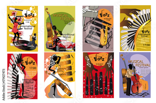 Jazz posters with musicians and musical instruments. Hand drawn vector illustration.
