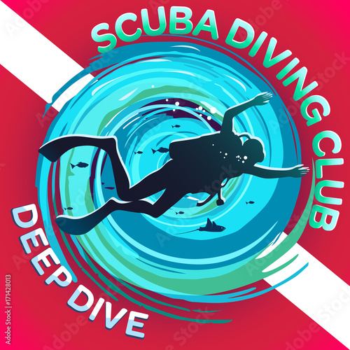 Vector image of a scuba diver on a background of a stylized maelstrom with a flag or a scuba mark diving: a white strip on a red background. Inscriptions: Scuba Diving Club & Deep Diving.