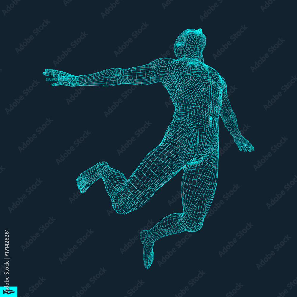Silhouette of a Jumping Man. 3D Model of Man. Geometric Design. Polygonal Covering Skin. Human Body Wire Model. Vector Illustration. Silhouette of a Jumping Man. 3D Model of Man. Geometric Design. Polygonal Covering Skin. Human Body Wire Model. Vector Illustration.