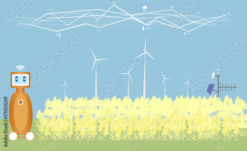 Internet of things in agriculture. Smart farm with wireless control and robot. Vector illustration.