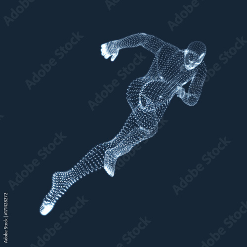 Running Man. Vector Graphics Composed of Particles. 3D Model of Man. Human Body Model. Body Scanning. View of Human Body.
