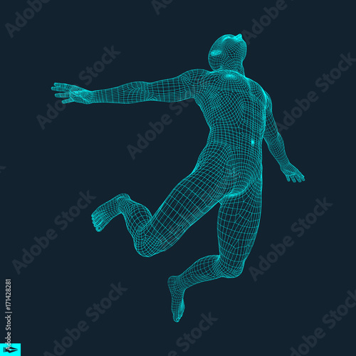Silhouette of a Jumping Man. 3D Model of Man. Geometric Design. Polygonal Covering Skin. Human Body Wire Model. Vector Illustration.