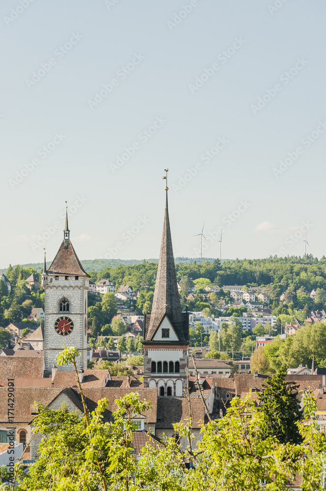 Schaffhausen, Stadt, Altstadt, St. Johann, Pfarrkirche, Münsterkirche, Kirche, Kirchturm, historische Häuser, Altstadthäuser, Frühling, Schweiz