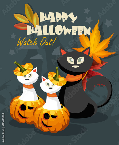 Happy Halloween vector greeting card with halloween monsters