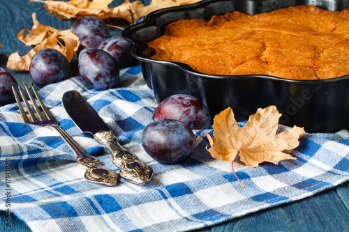 Autumn seasonal pie with fresh plum
