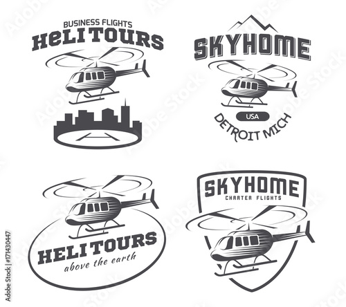 Set of helicopter logo, badges and emblems isolated on white background. Vector illustration of a helicopter takes off from the ground.