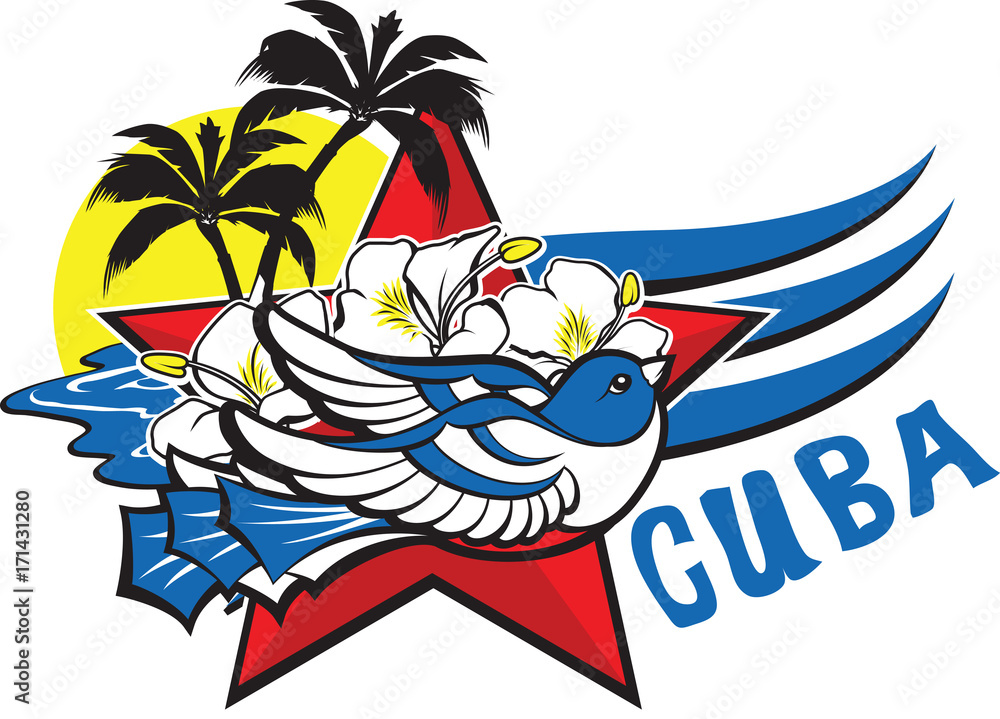 Freedom and liberty symbol blue cuban bird, red star, flowers, sun