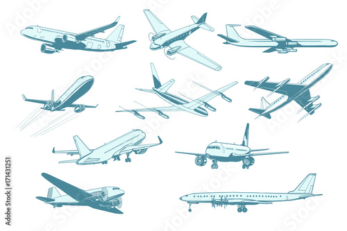set aircraft air transport isolate on white background
