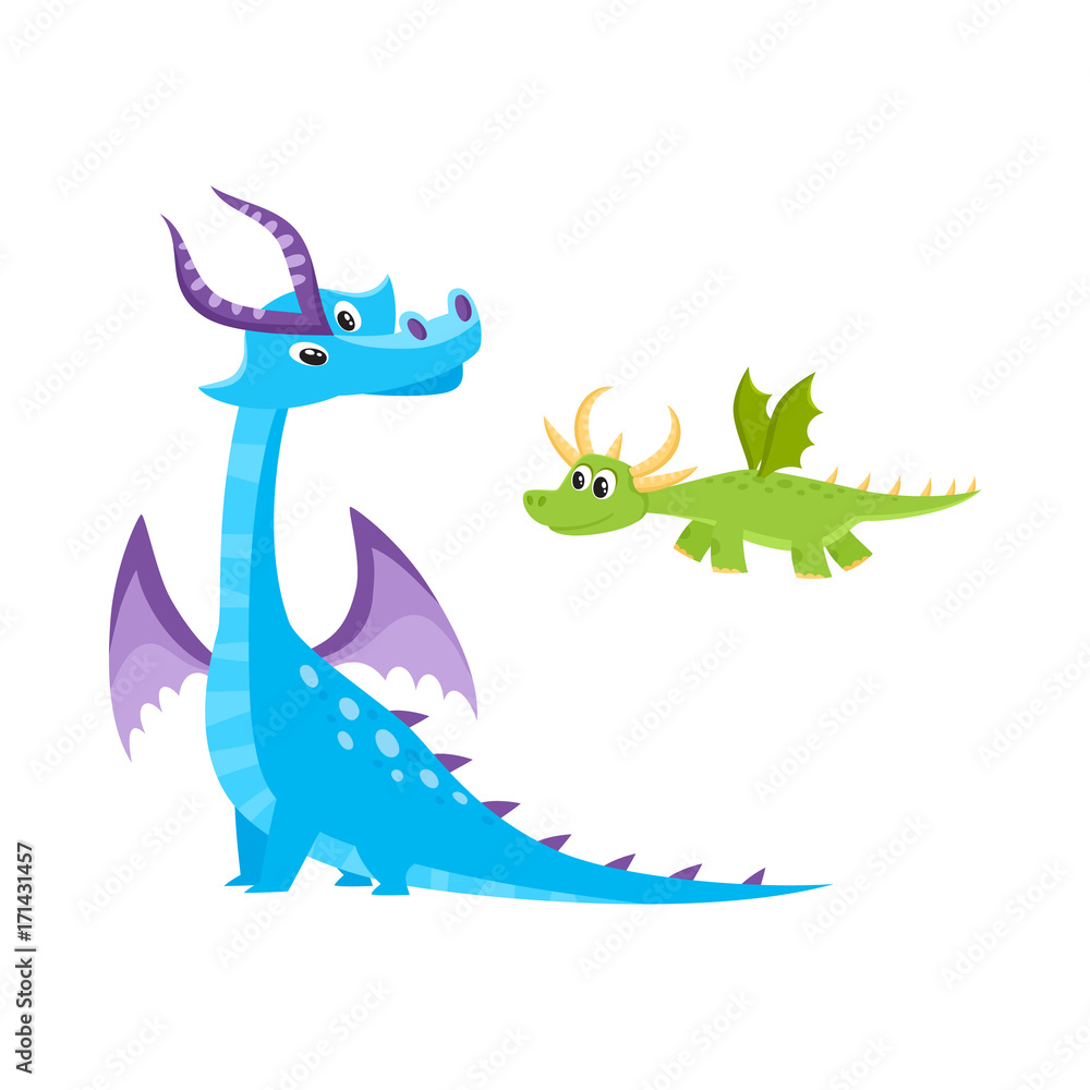 Fototapeta premium vector flat cartoon funny blue, marine adult, mature with horns and wings sitting and green kid dragon set. Isolated illustration on a white background. Fairy cute creature character for your design