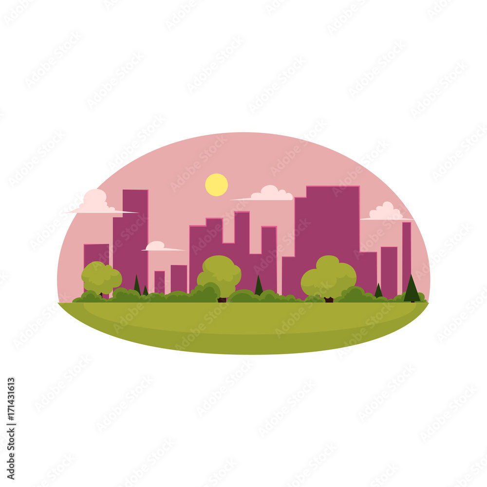 vector flat cartoon green city concept. Isolated illustration on a white background. city without plants and factories, sustainable development. The place with a lot of green trees, grass, clear sky