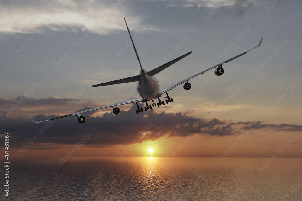 Urlaubsbeginn mit Sonnenaufgang. Gestartetes Passagierflugzeug das dem Sonnenaufgang entgegen fliegt. 3D Komposition Urlaubsbeginn mit Sonnenaufgang. Gestartetes Passagierflugzeug das dem Sonnenaufgang entgegen fliegt. 3D Komposition