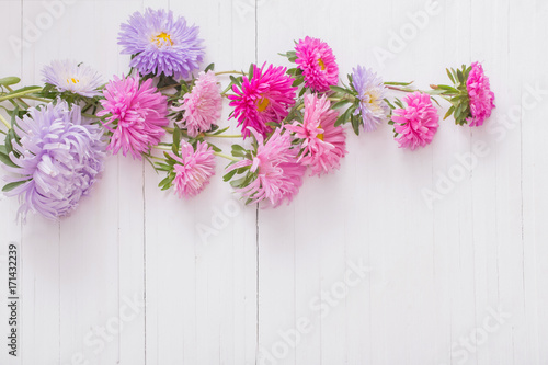 asters on white wooden background