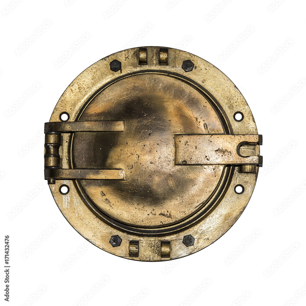 Fototapeta premium Round golden boat porthole window isolated on white.