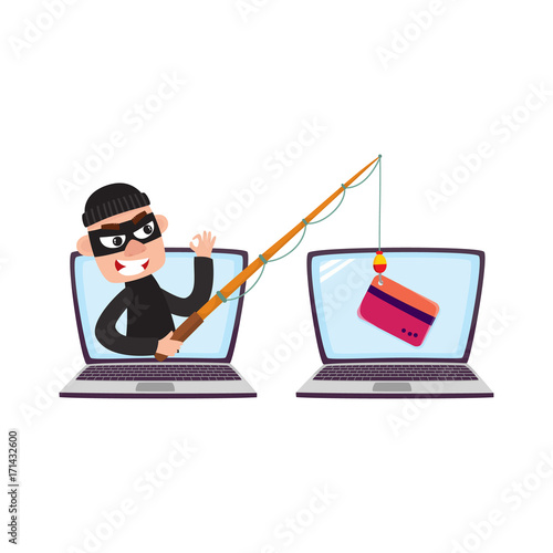 Hacker in black mask stealing credit card details with fishing rod, phishing attack concept, cartoon vector illustration isolated on white background. Cartoon computer hacker, phishing attack