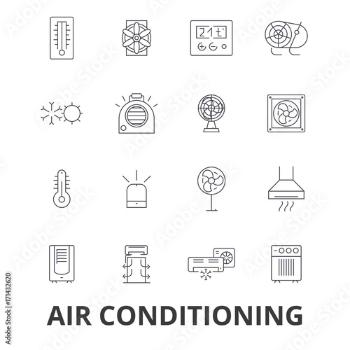 Air conditioning, hvac, coolling, heating, refrigerator, thermostat, thermometer line icons. Editable strokes. Flat design vector illustration symbol concept. Linear signs isolated on white background