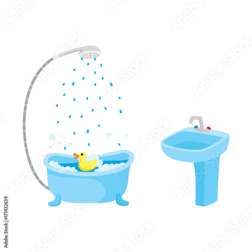 vector flat cartoon ceramic washbasin or sink with metal mixer faucet, bathtube with shower set. Isolated illustration on a white background. Daily routine activities and objects concept