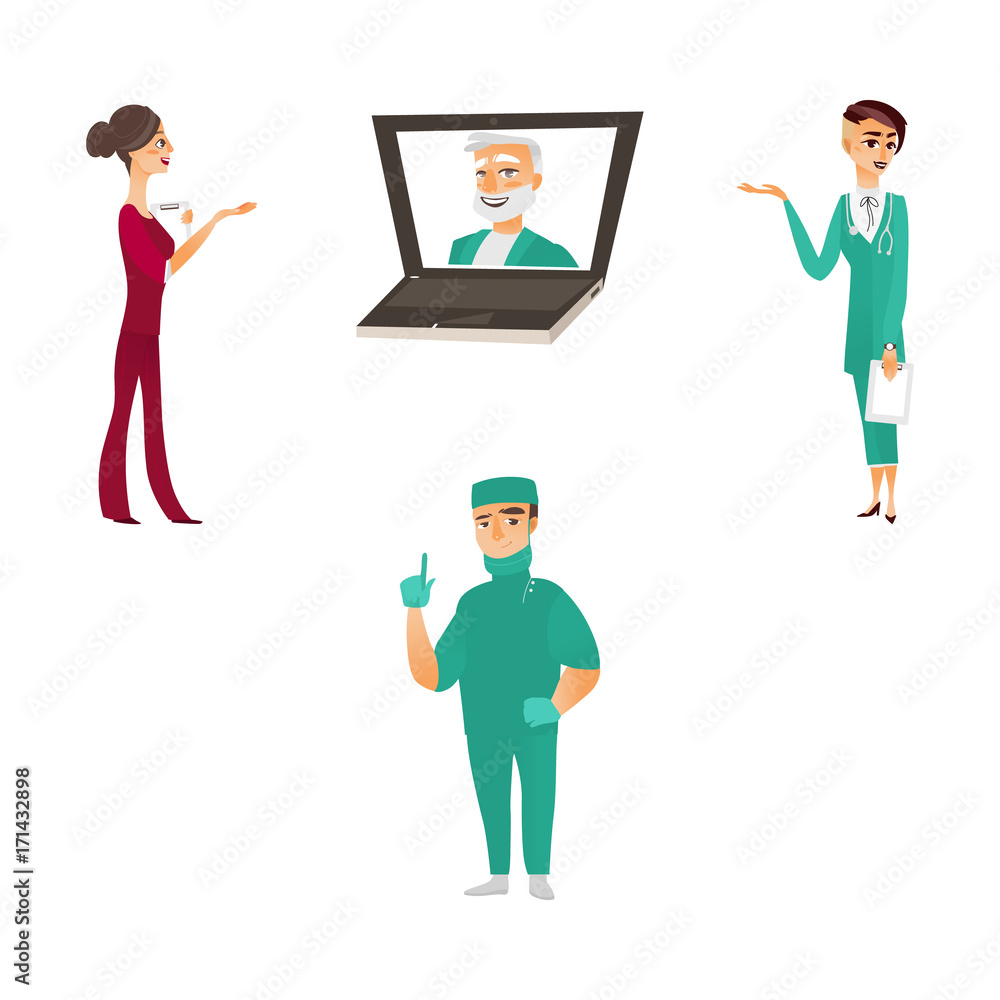 vector flat cartoon adult male, female doctors, head physician in laptop, nurse in medical clothing holding clipboard, stethoscope smiling, set. Isolated illustration on a white background. vector flat cartoon adult male, female doctors, head physician in laptop, nurse in medical clothing holding clipboard, stethoscope smiling, set. Isolated illustration on a white background.