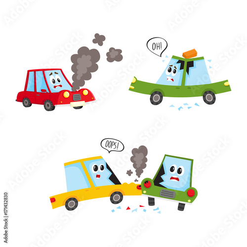 vector flat accident set. Brich fallen to auto's roof, red vehicle with face and emotions broken, smoke going from hood, yellow car crashed into green from side. Isolated illustration