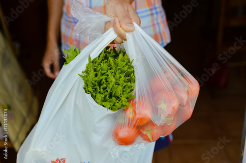 Close up on person holding a bag full of vegetables, abstract background. good healthy dietary lifestyle, natural shopping freshness
