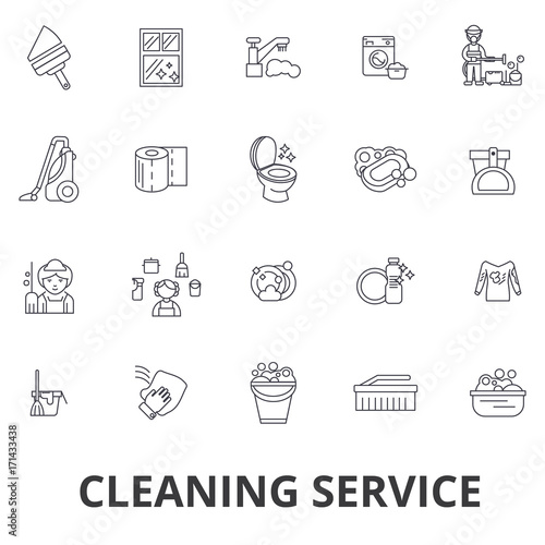 Cleaning service, house cleaning, office cleaning, cleaning supplies, cleaner line icons. Editable strokes. Flat design vector illustration symbol concept. Linear signs isolated on white background