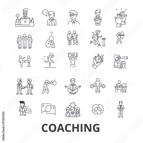 Coaching, sport coach, mentor, coach bus, life coach, training, trainer, whistle line icons. Editable strokes. Flat design vector illustration symbol concept. Linear signs isolated on white background