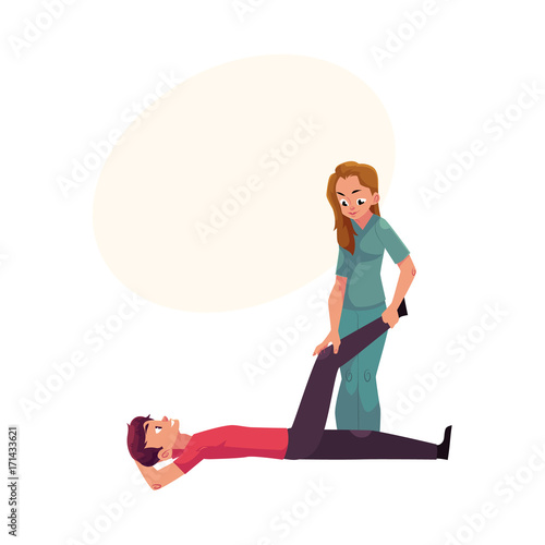 Medical rehabilitation, treatment by exercise, movement therapy for disabled patient, cartoon vector illustration with space for text. Medical rehabilitation, physical therapy, remedial gymnastics