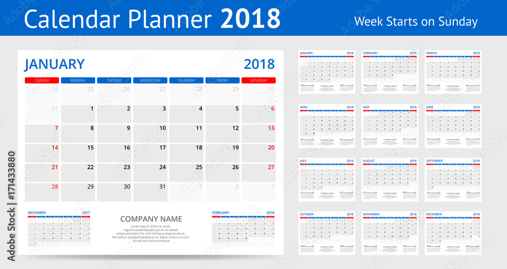 2018 calendar Print Template Week Starts Sunday Portrait Orientation ...