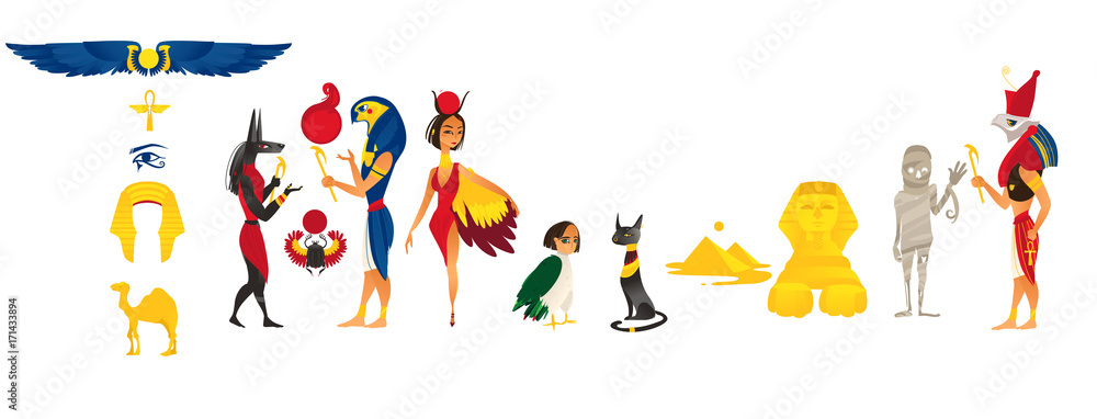 Obraz Big set of ancient Egypt idols, symbols, landmarks and characters, flat cartoon vector illustration isolated on white background. Set of flat Egypt, Egyptian symbols, concepts, idols and characters