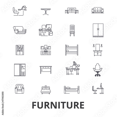 Furniture, furniture design, interior, chair, office furniture, living room line icons. Editable strokes. Flat design vector illustration symbol concept. Linear signs isolated on white background