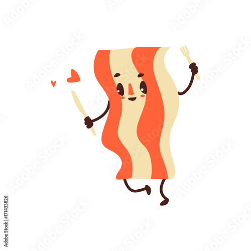 Cute and funny fried bacon strip character with smiling human face, cartoon vector illustration isolated on white background. Funny roasted, fried, grilled bacon strip character with human face