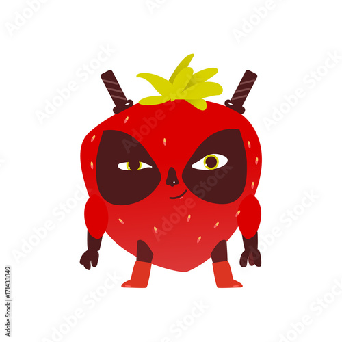 Funny strawberry hero, superhero character, guard, defendor, flat style cartoon vector illustrations isolated on white background. Strawberry hero, superhero character in mask and cape
