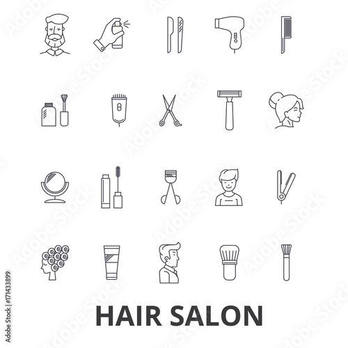 Hair salon, hair style, hairdresser, model, beauty salon, hair stylist, hair cut line icons. Editable strokes. Flat design vector illustration symbol concept. Linear signs isolated on white background