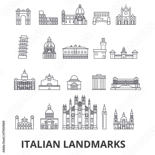 Italian landmakrs, italian, italian landscape, piza tower, cathedral, colosseum line icons. Editable strokes. Flat design vector illustration symbol concept. Linear signs isolated on white background