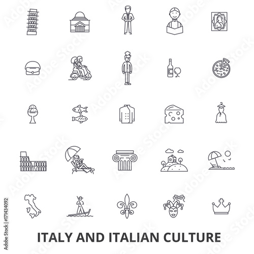 Italy, rome, italy map, italy flag, italian, pizza, gondola, cheese, carnival line icons. Editable strokes. Flat design vector illustration symbol concept. Linear signs isolated on white background