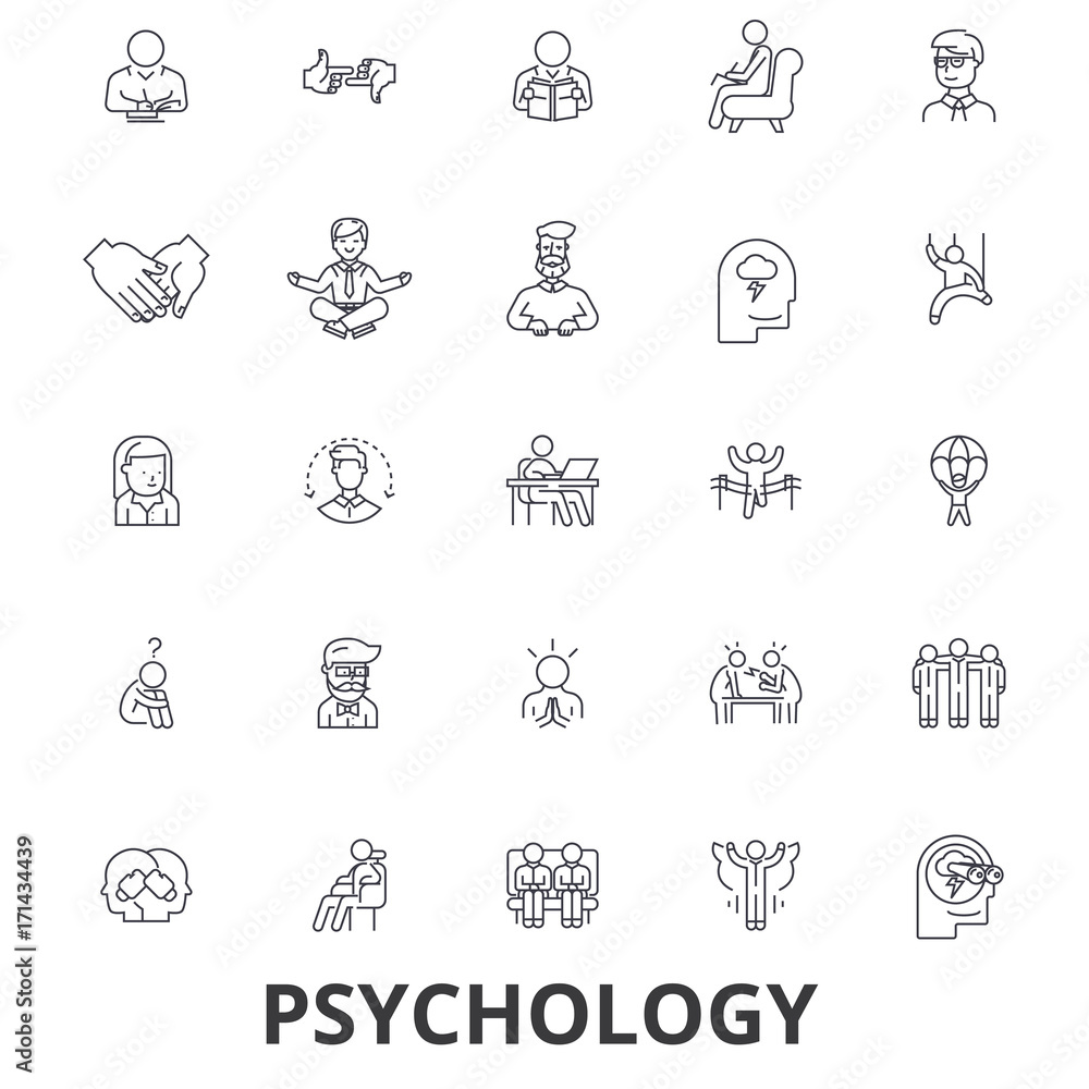 Psychology, psychologist, counseling, test, therapy, brain, sociology, mind line icons. Editable strokes. Flat design vector illustration symbol concept. Linear signs isolated on white background - obrazy, fototapety, plakaty 