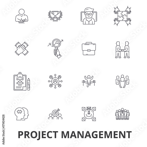 Project management, project, plan, consulting, chart, construction, engineering line icons. Editable strokes. Flat design vector illustration symbol concept. Linear signs isolated on white background