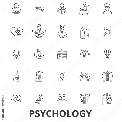 Psychology, psychologist, counseling, test, therapy, brain, sociology, mind line icons. Editable strokes. Flat design vector illustration symbol concept. Linear signs isolated on white background