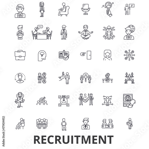 Recruitment, hiring, human resources, career, interview, employment, staffing line icons. Editable strokes. Flat design vector illustration symbol concept. Linear signs isolated on white background
