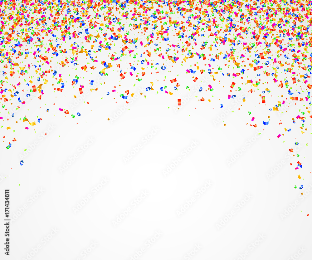 Abstract background with many falling colorful tiny confetti pieces.