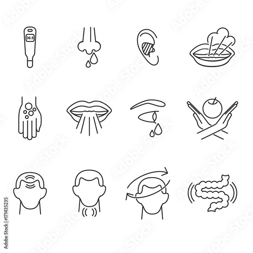 Symptoms of cold and common diseases / Line set of icons of cold symptoms
