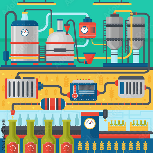 Beer Brewery production process. Factory beer background. Flat design vector illustration banners.