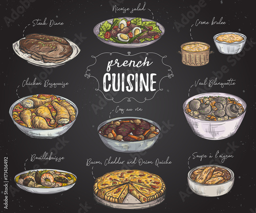 French cuisine. Collection of delicious food on chalkboard. Isolated elements. Concept design for decoration restaurants, menu. Vintage hand drawn vector illustration