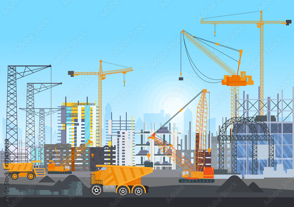 Building city under construction website with tower cranes. Building work process with houses and construction machines. Vector illustration. Building city under construction website with tower cranes. Building work process with houses and construction machines. Vector illustration.