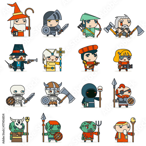 Lineart Fantasy RPG Game Heroes Villains Minions Character Vector Icons Set Flat Design Vector Illustration