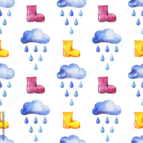  hands drawn watercolor autumn seamless pattern with clouds, raindrops and rubber knee-boots on white background for your design photo