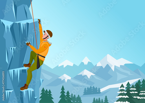 Rock Climbing man. Male on the ice rock. Winter extreme outdoor sports. Vector Illustration.