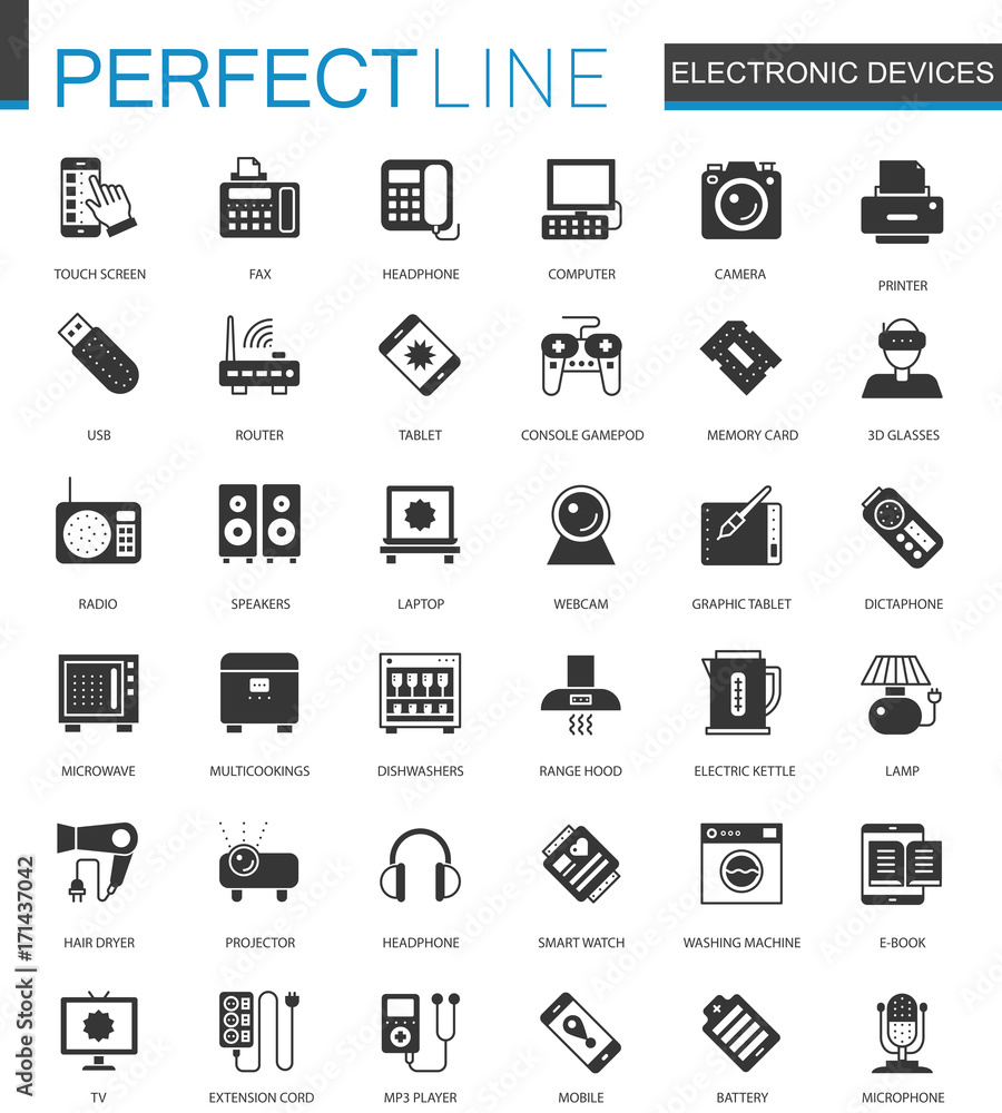 Black classic electronic devices icons set.