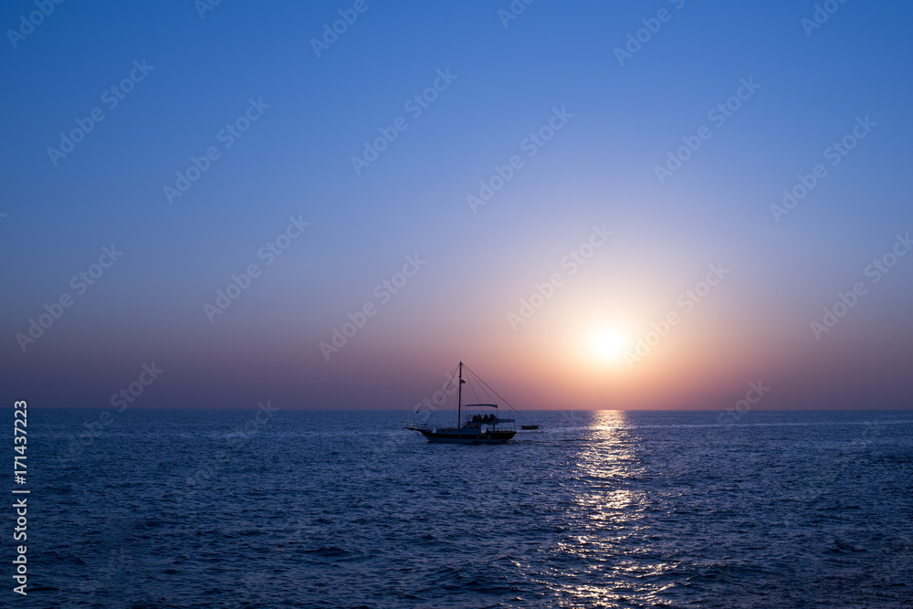 Sailing to the Sunset on Beautiful Mediterranean Sea in Side, Antalya, Turkey.