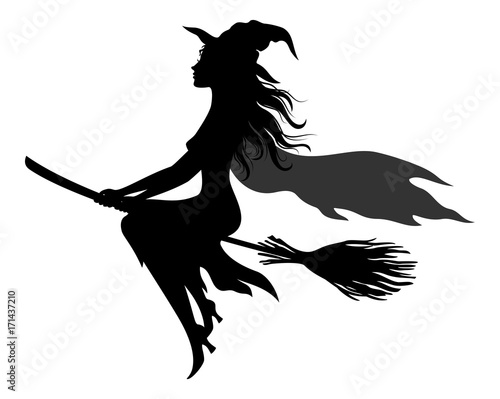 Witch Flying on Broom, Picture for Holiday Halloween, Black Silhouettes Isolated on White Background. Vector
